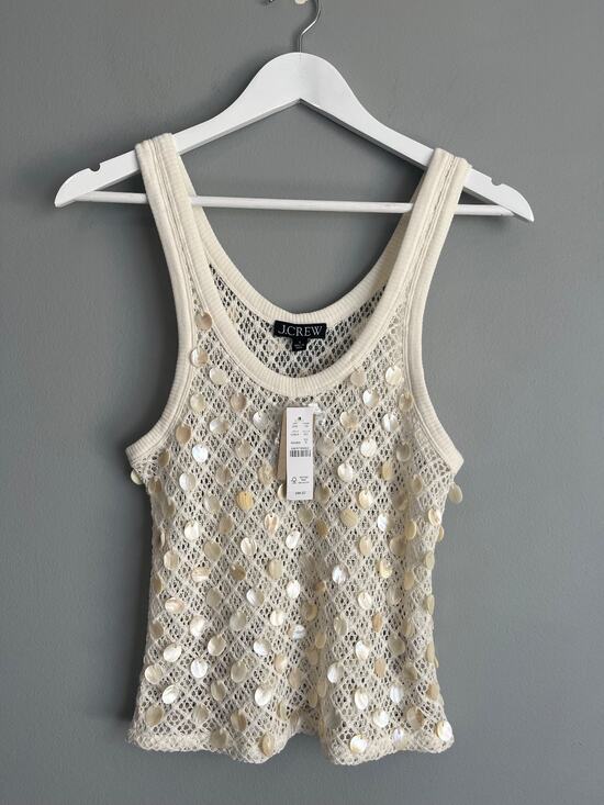 J. Crew Tops - J.Crew NWT $98 Coastal Ivory Shell Embellished Open-Knit Tank Top Sz S Beach